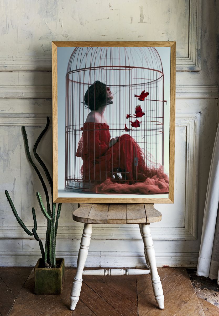 Birdcage Woman Surrealism Print. — room view 1