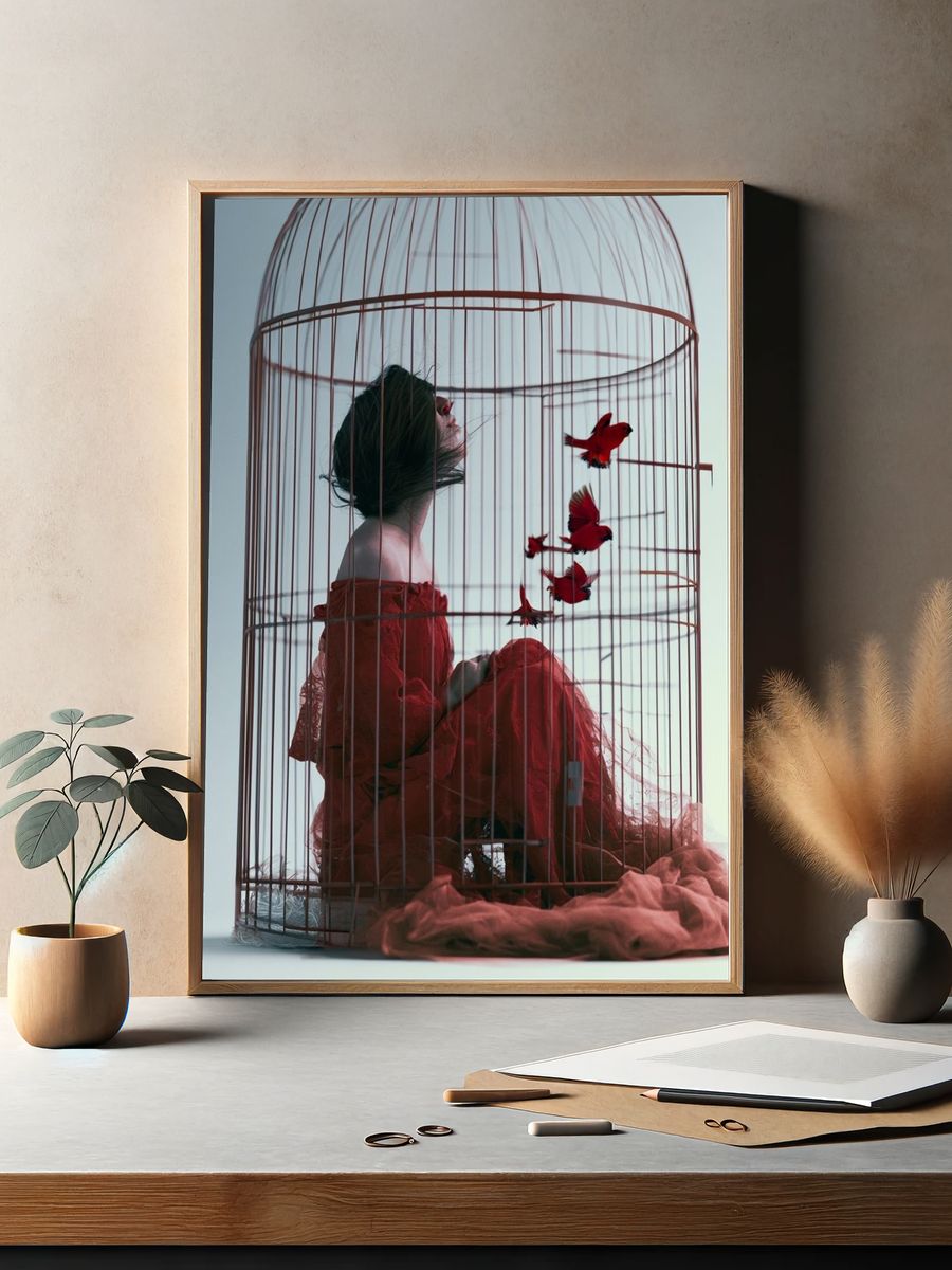 Birdcage Woman Surrealism Print. — room view 2