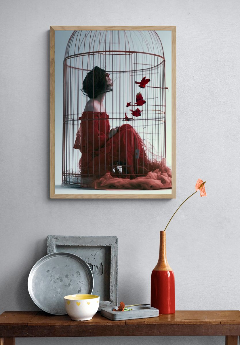 Birdcage Woman Surrealism Print. — room view 3