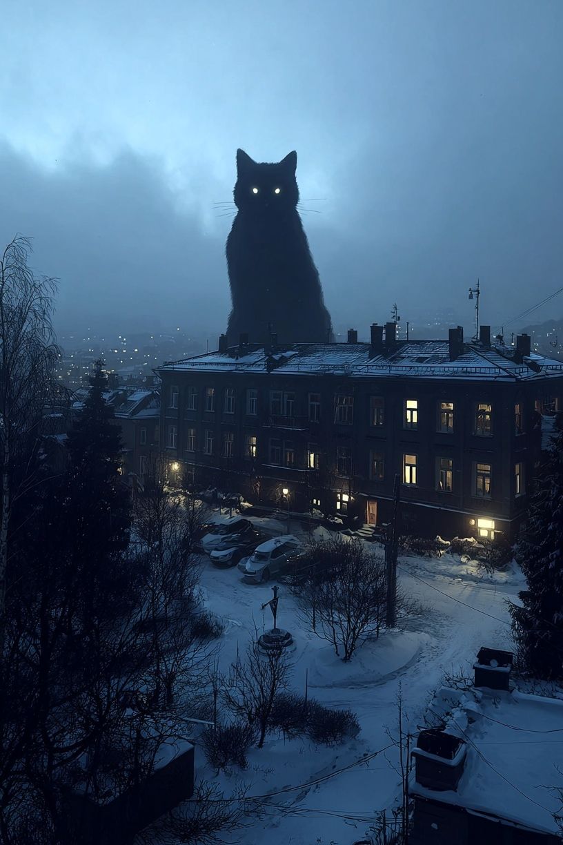 Giant Cat Over Snowy City Poster. poster detail