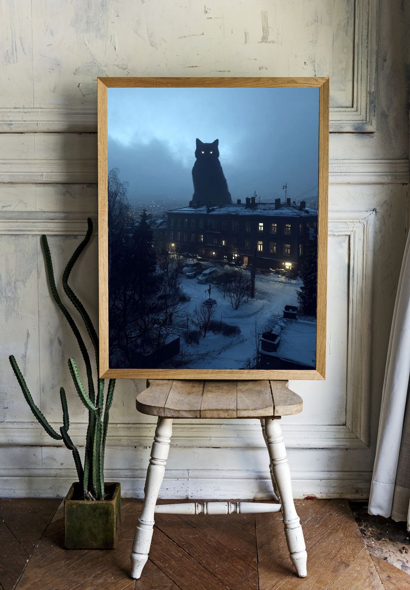 Giant Cat Over Snowy City Poster. — room view 1