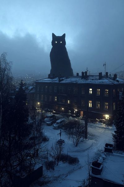 Giant Cat Over Snowy City Poster. poster print