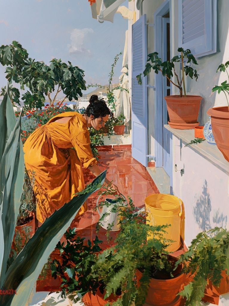 Mediterranean Terrace Garden Print. poster — fine-art art