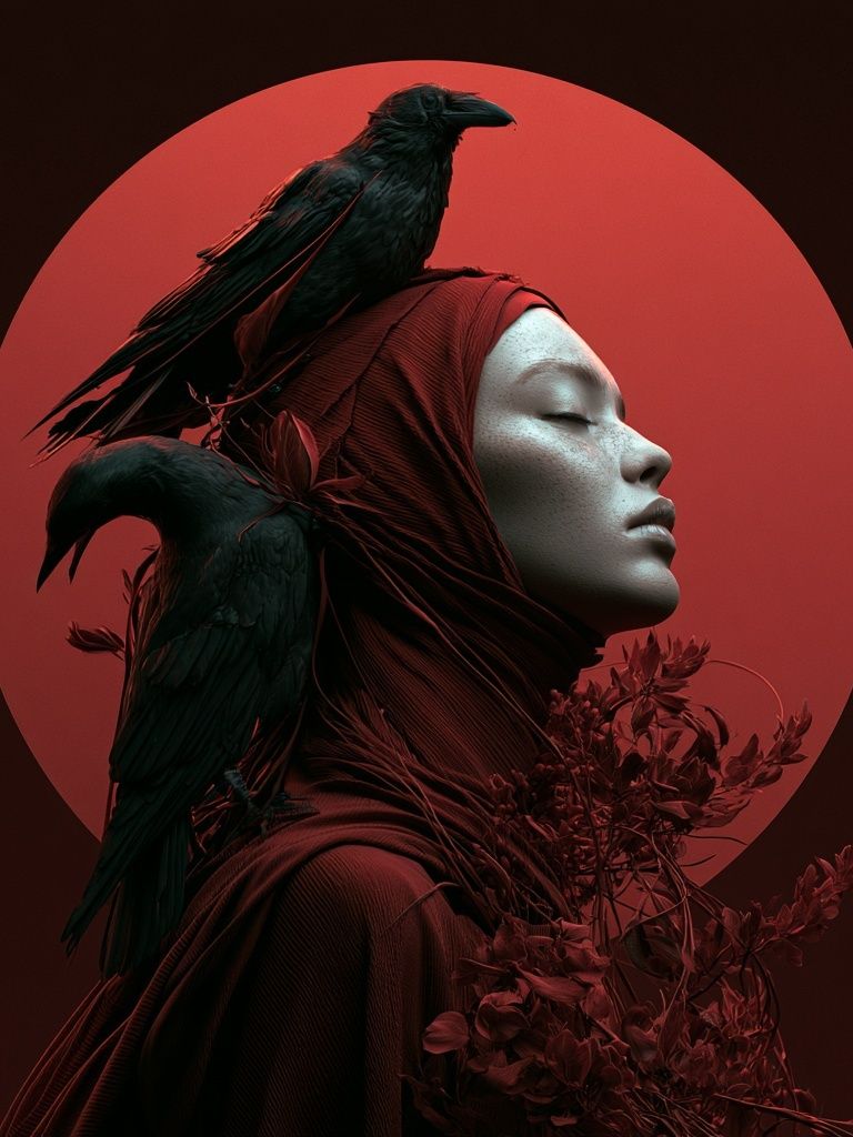 Crimson Raven Portrait Print. poster — fine-art art