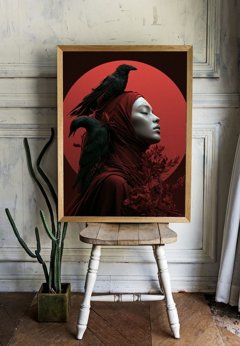Crimson Raven Portrait Print. — room view 1
