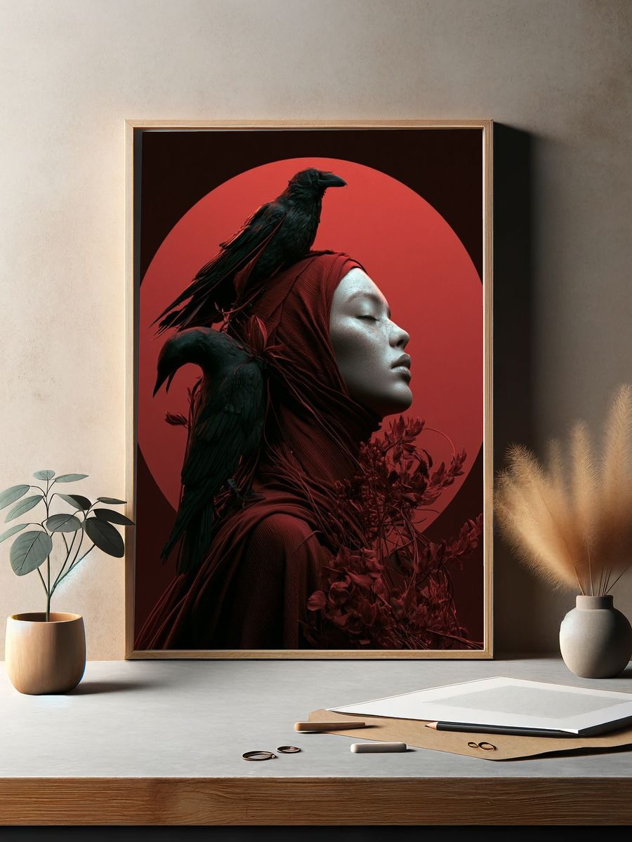 Crimson Raven Portrait Print. — room view 2