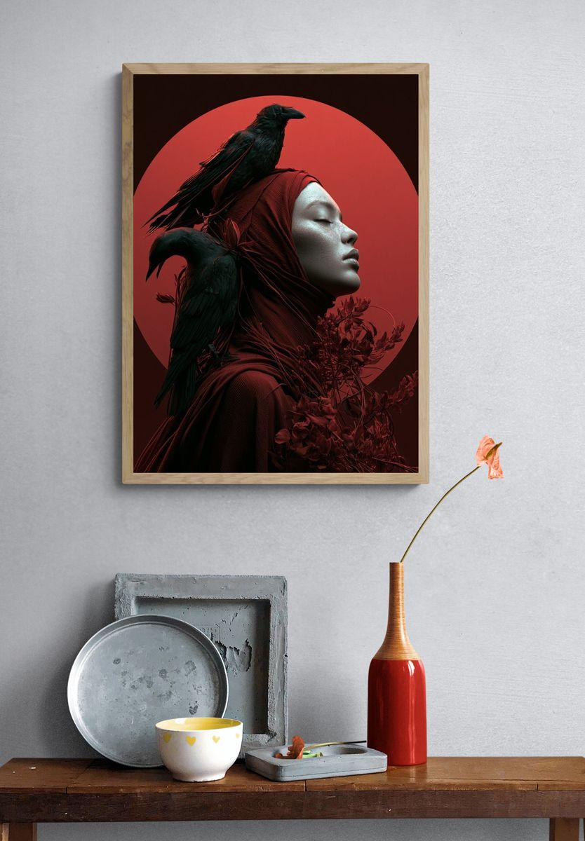 Crimson Raven Portrait Print. — room view 3