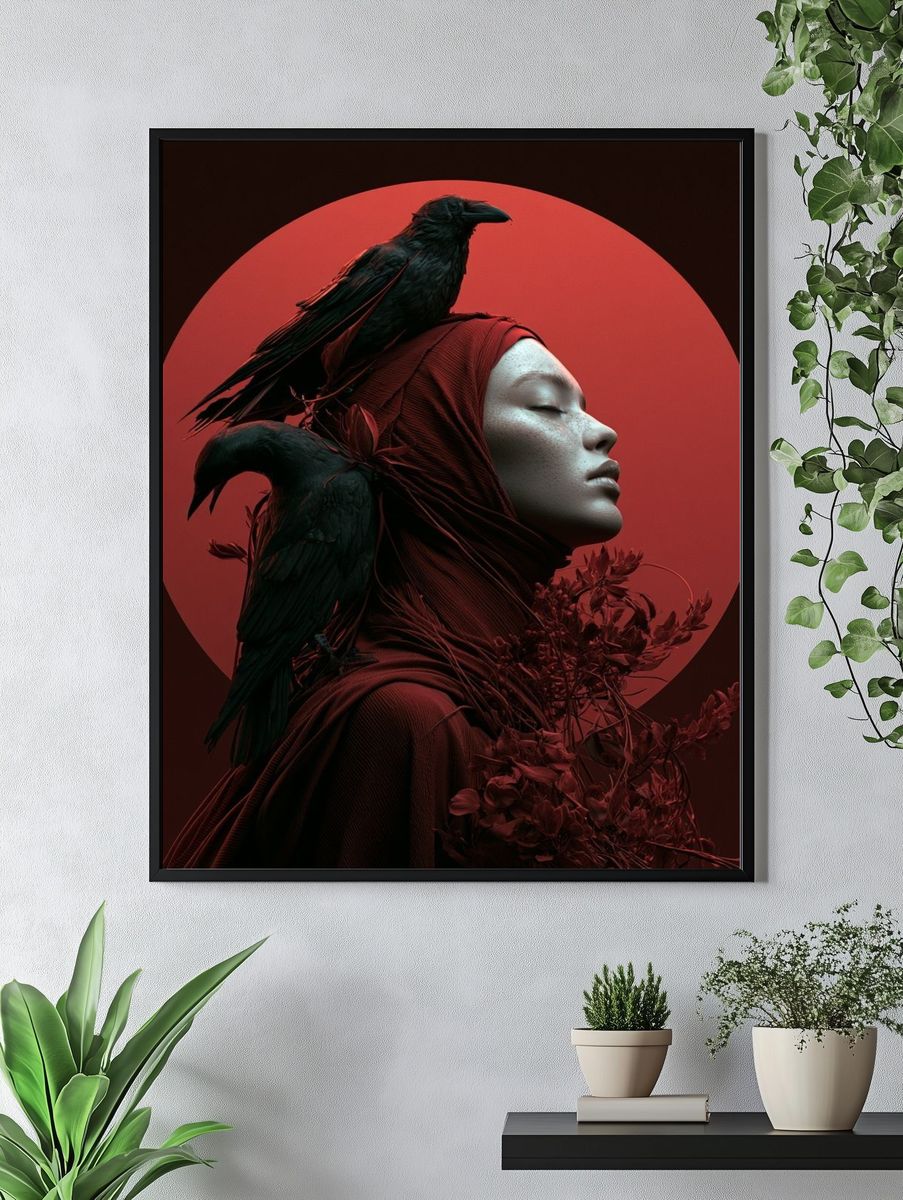 Crimson Raven Portrait Print. — room view 4
