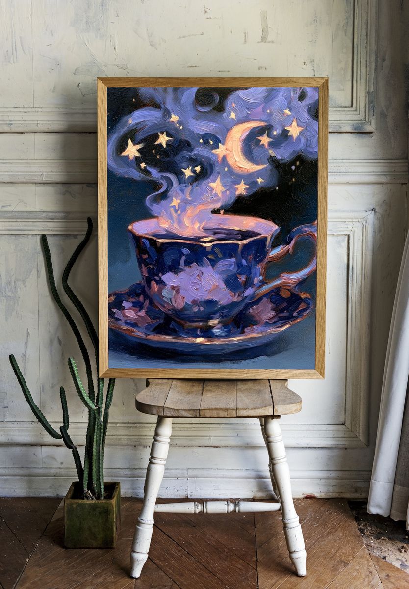 Moonlit Teacup Surrealism Print. room preview