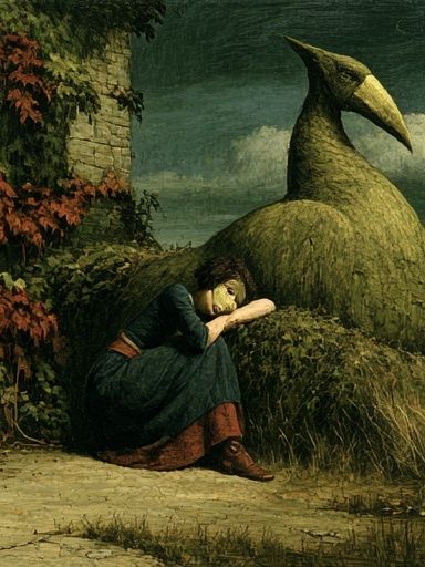 Surreal Woman and Bird Sculpture Print. poster detail