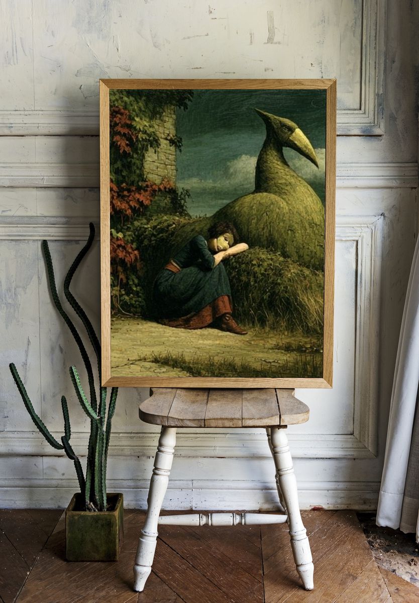Surreal Woman and Bird Sculpture Print. — room view 1