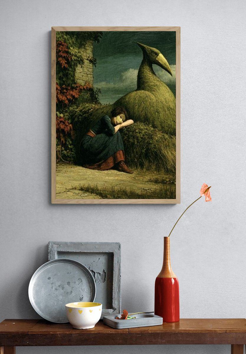 Surreal Woman and Bird Sculpture Print. — room view 3
