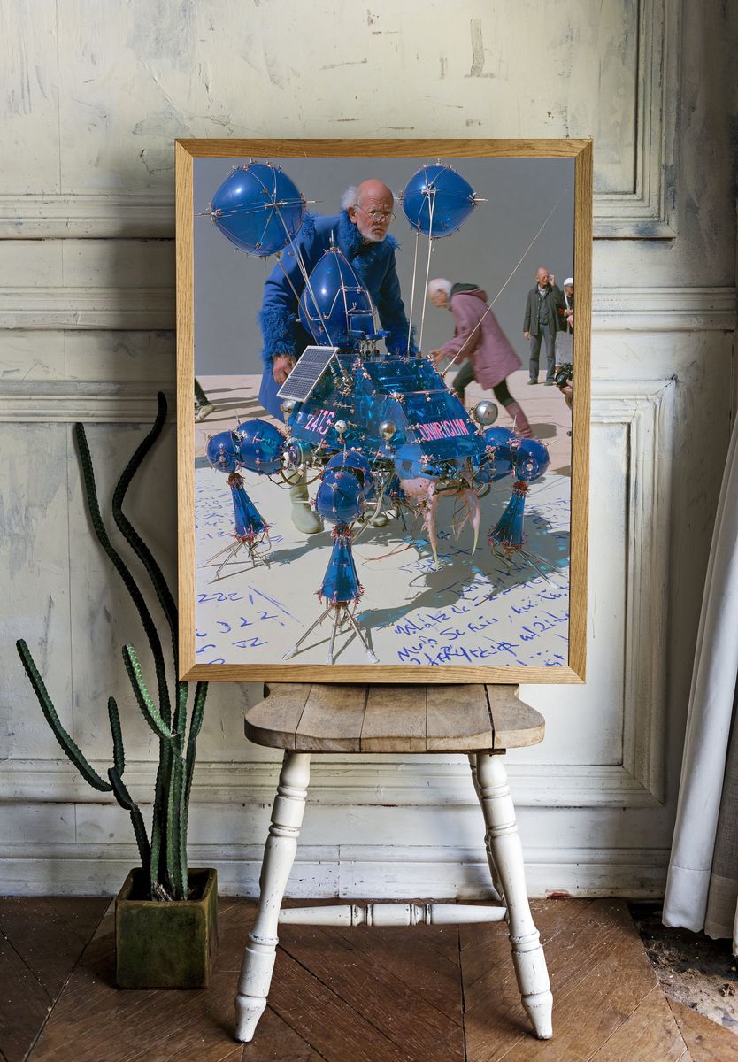 Surreal Blue Robot Sculpture Print. — room view 1