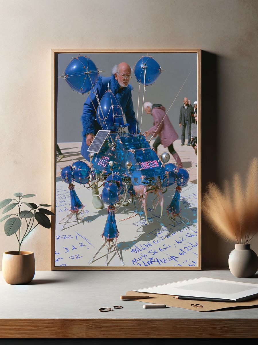 Surreal Blue Robot Sculpture Print. — room view 2