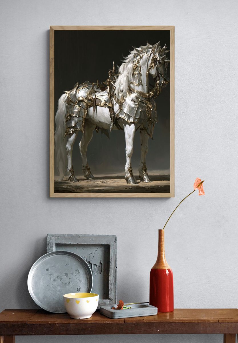Armored White Horse Fine-Art Print. — room view 3