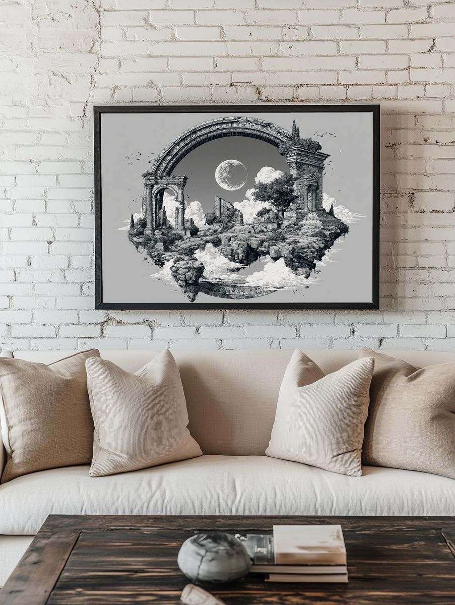 Celestial Ruins Landscape Print. room preview