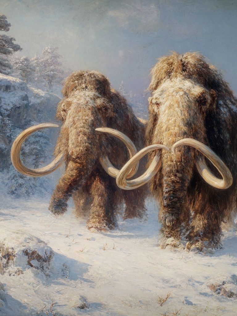 Woolly Mammoths Winter Landscape Print. poster detail