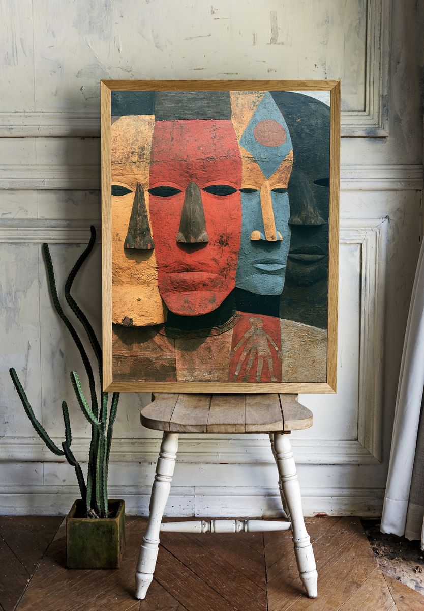 Abstract Tribal Faces Print. room preview