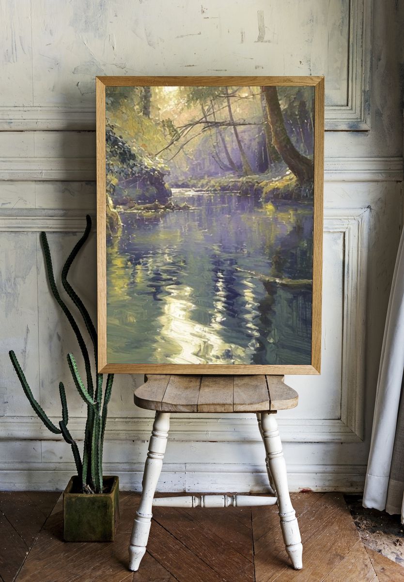 Misty Forest Stream Fine-Art Print. room preview