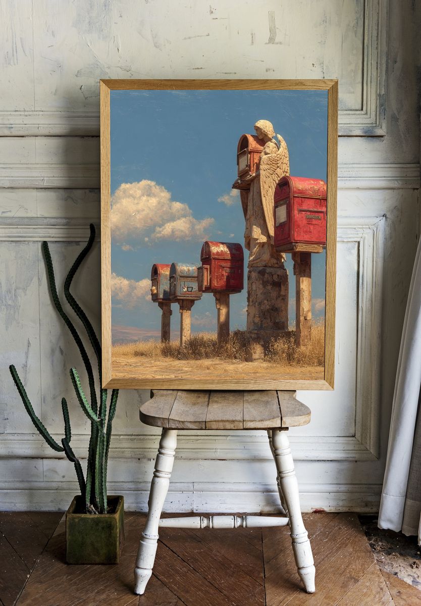 Angel Mailboxes Surrealism Poster. room preview