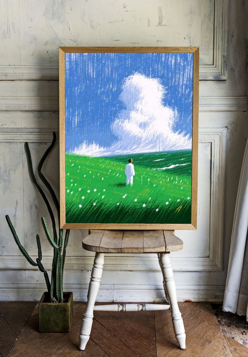 Lone Figure in Green Field Print. room preview