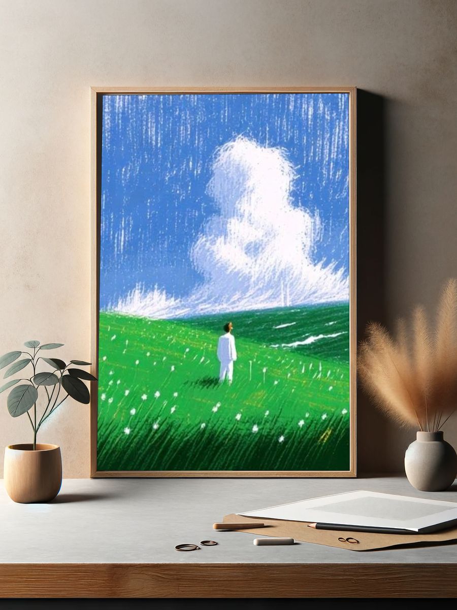Lone Figure in Green Field Print. — room view 2