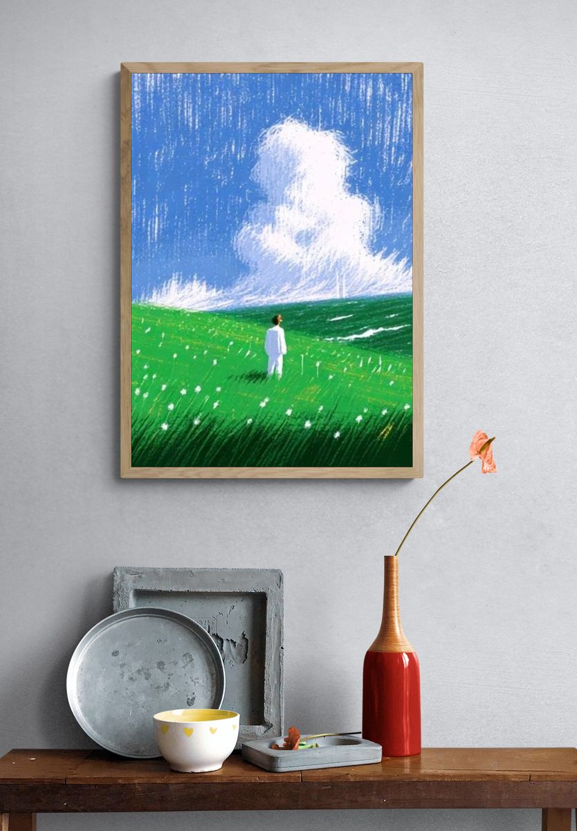 Lone Figure in Green Field Print. — room view 3