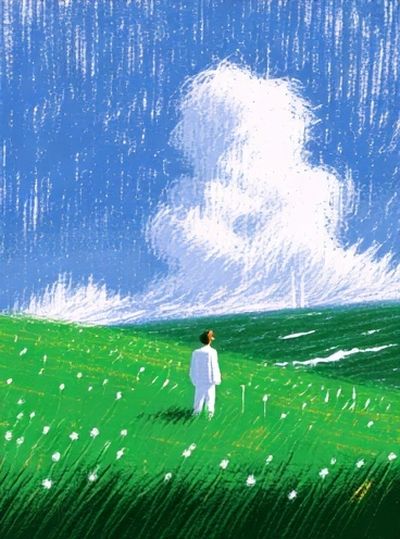 Lone Figure in Green Field Print. poster