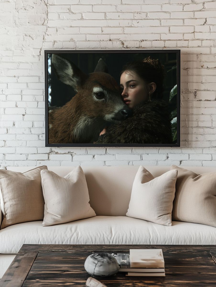 Girl and Deer Portrait Print. — room view 1