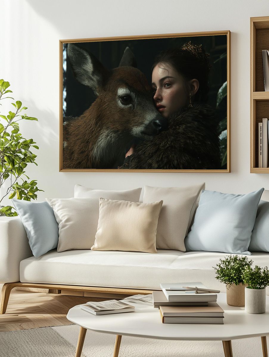 Girl and Deer Portrait Print. — room view 2