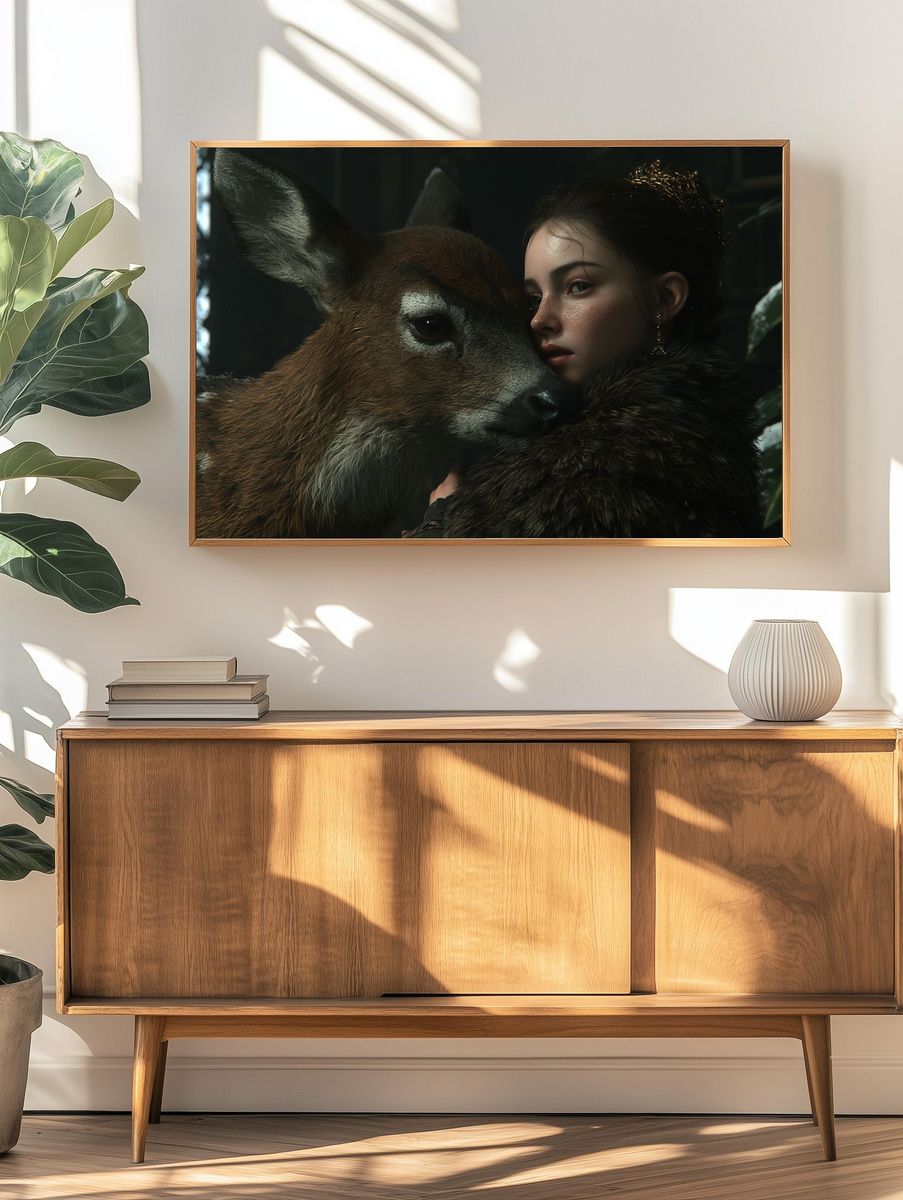 Girl and Deer Portrait Print. — room view 3