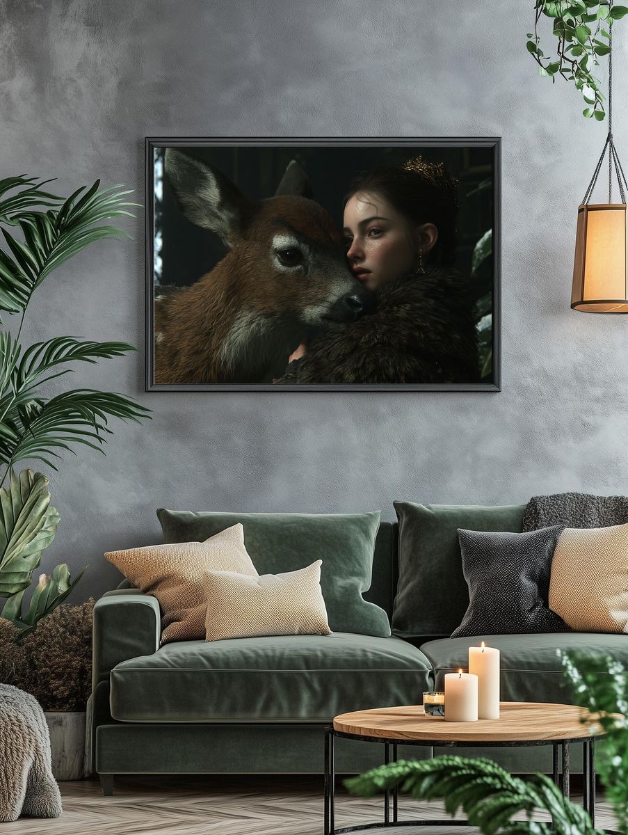 Girl and Deer Portrait Print. — room view 4