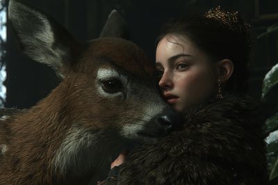 Girl and Deer Portrait Print. poster