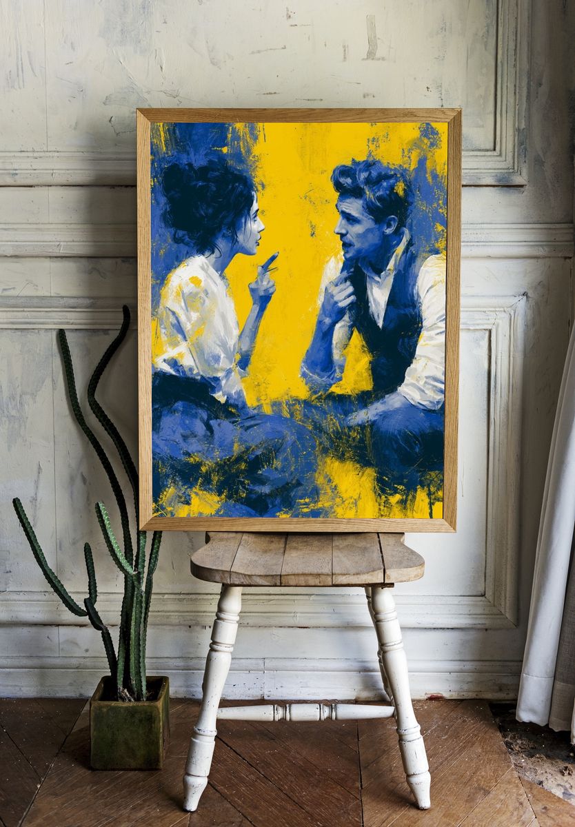 Blue Lovers on Yellow Poster. room preview