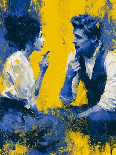 Blue Lovers on Yellow Poster. poster print