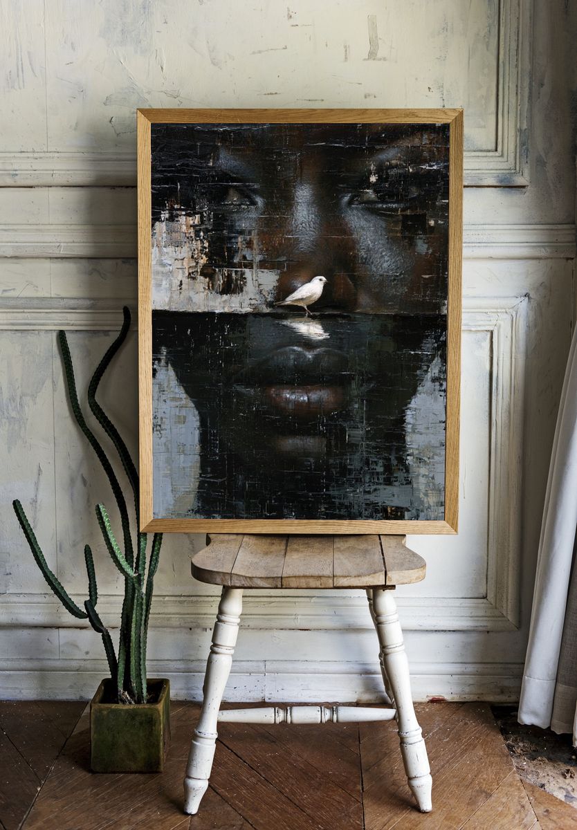 Bird and Face Abstract Portrait Print. — room view 1