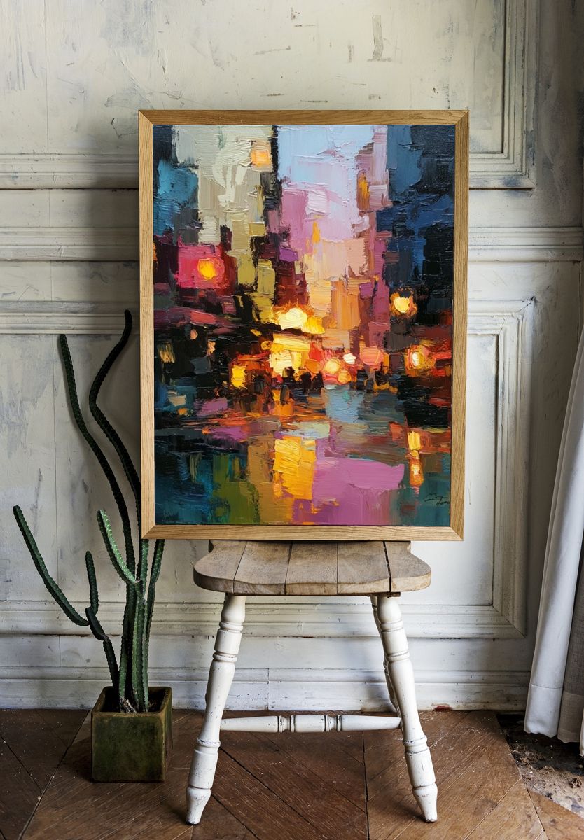 Neon City Reflections Abstract Poster room preview