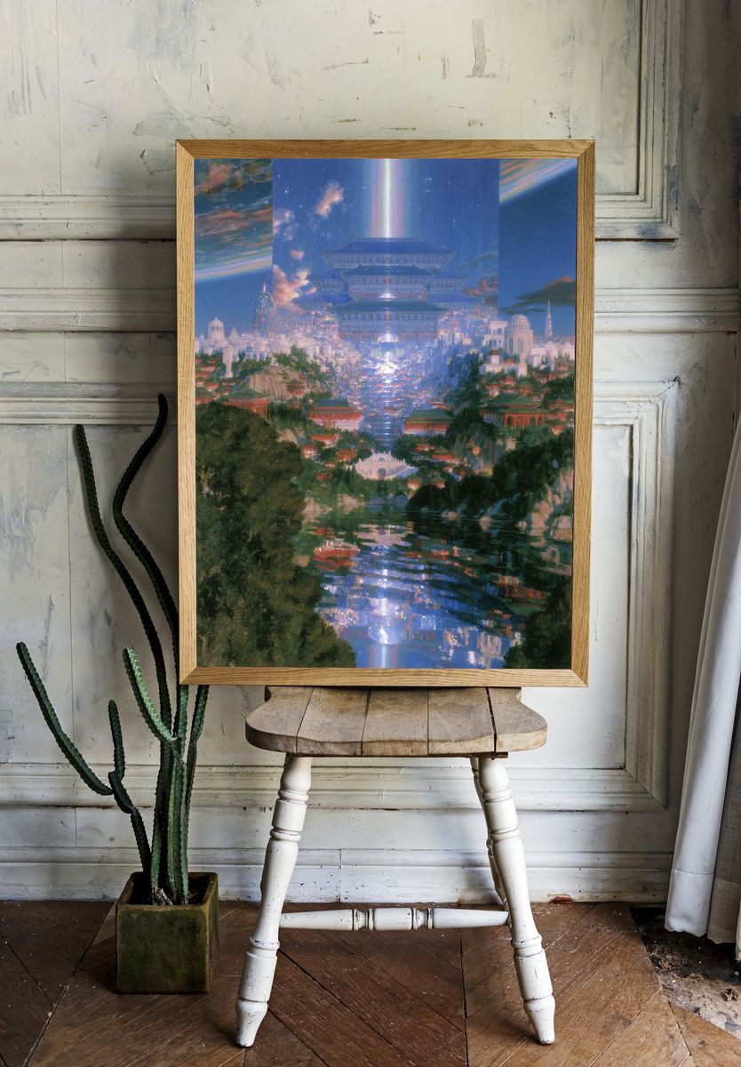 Celestial Temple Cityscape Print. room preview