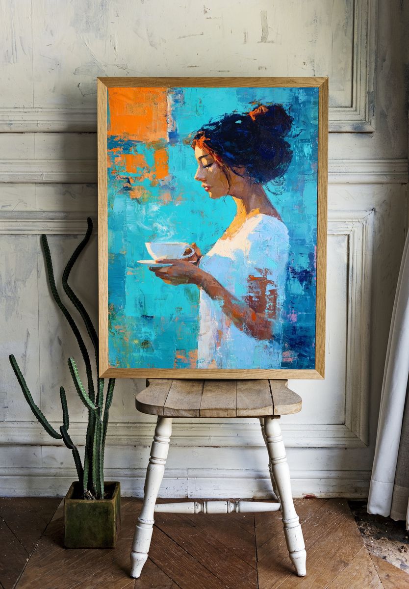 Woman with Tea Contemporary Print. — room view 1