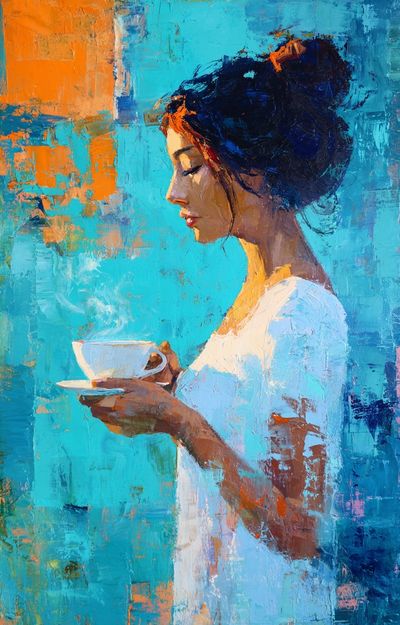 Woman with Tea Contemporary Print. poster print