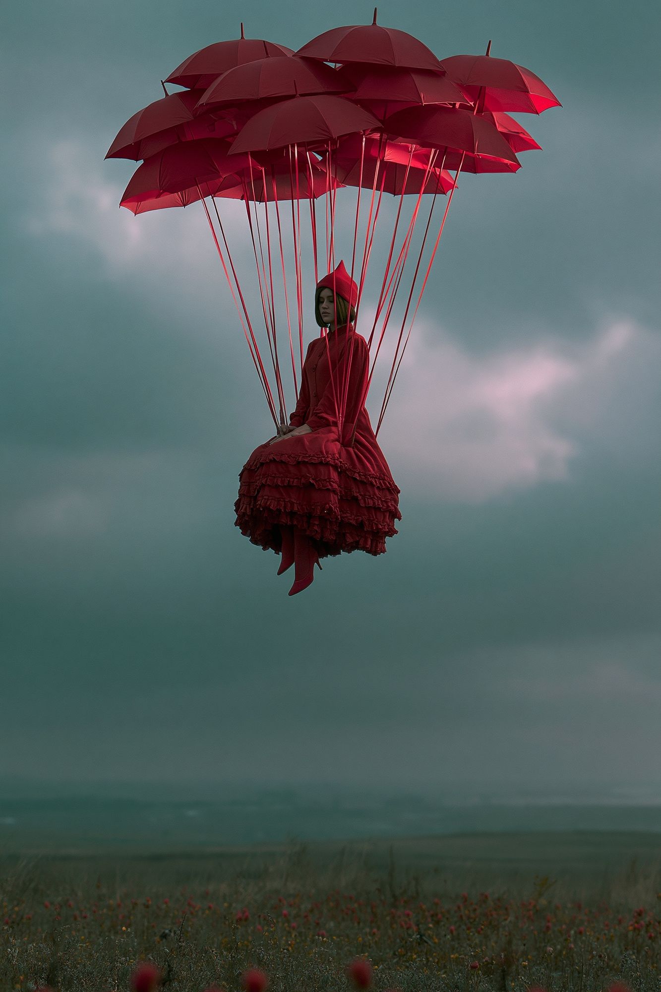 Floating Red Umbrellas Surreal Print. poster detail