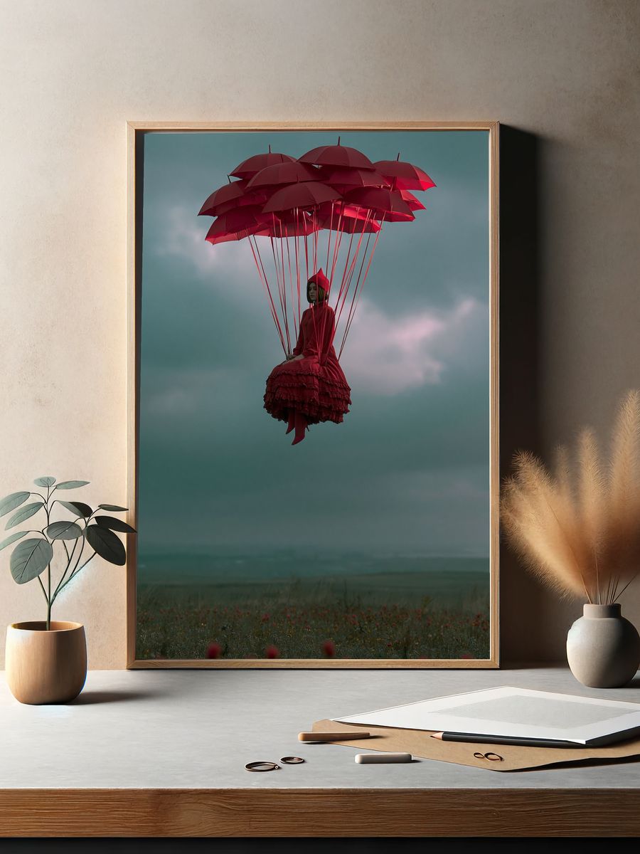 Floating Red Umbrellas Surreal Print. — room view 2