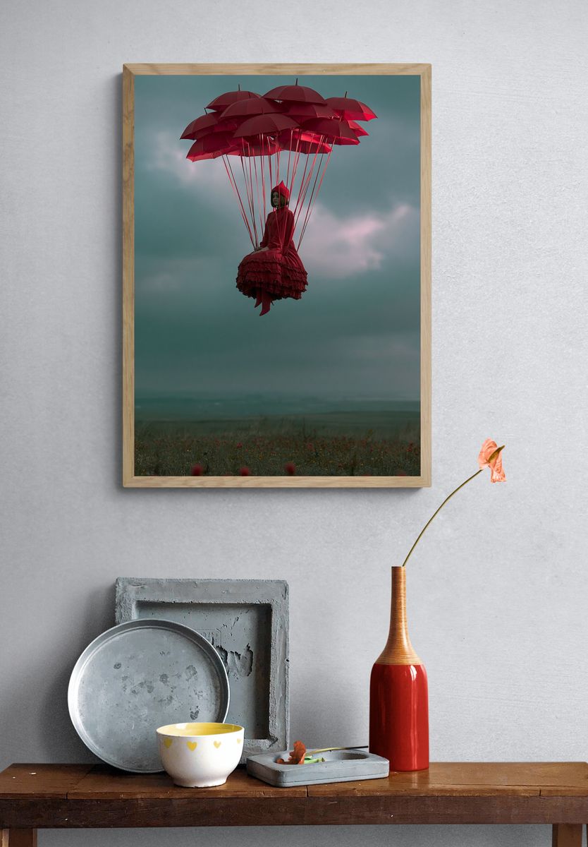Floating Red Umbrellas Surreal Print. — room view 3