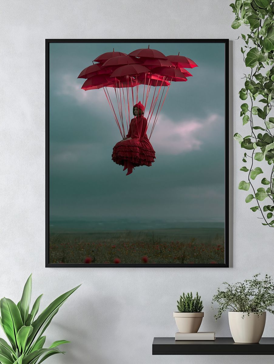 Floating Red Umbrellas Surreal Print. — room view 4