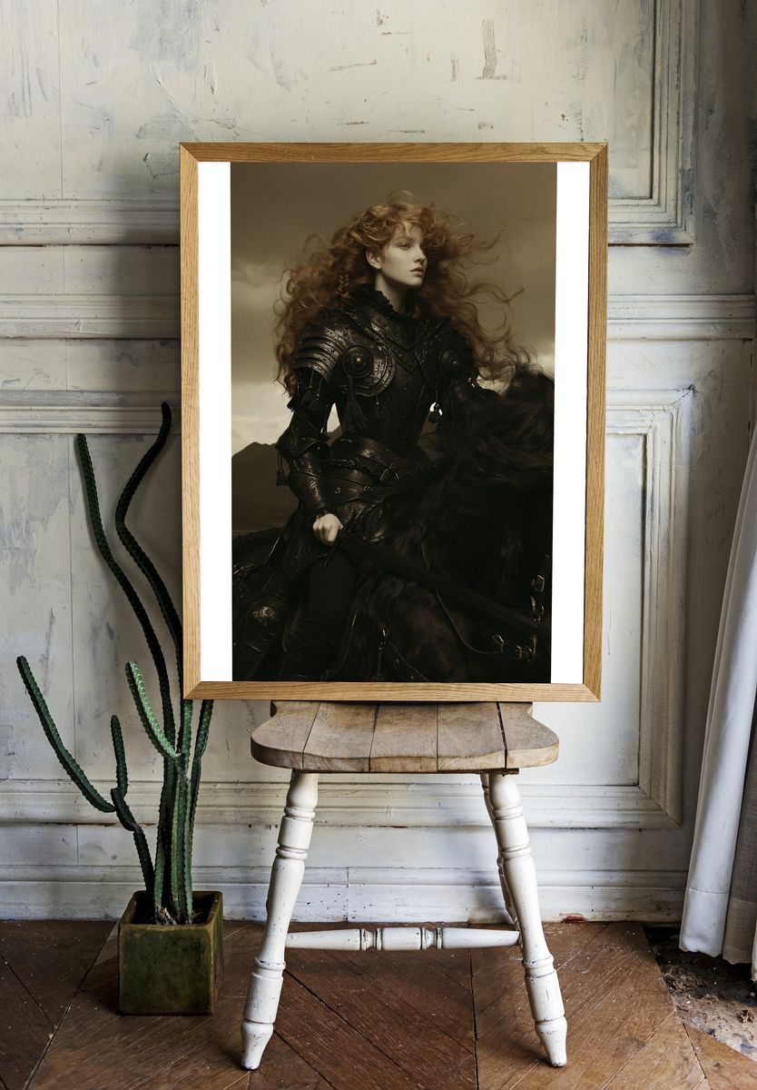 Armored Red-Haired Warrior Portrait Print. room preview