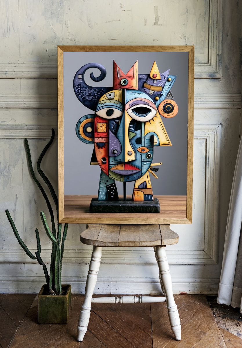 Cubist Mask Sculpture Print. room preview