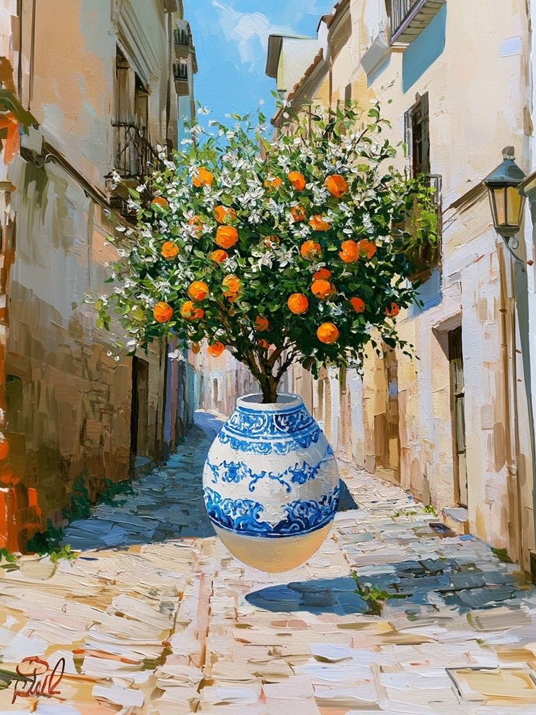 Mediterranean Orange Tree Alley Print. poster — fine-art art