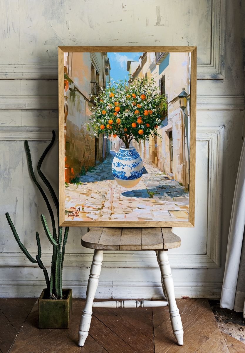 Mediterranean Orange Tree Alley Print. — room view 1