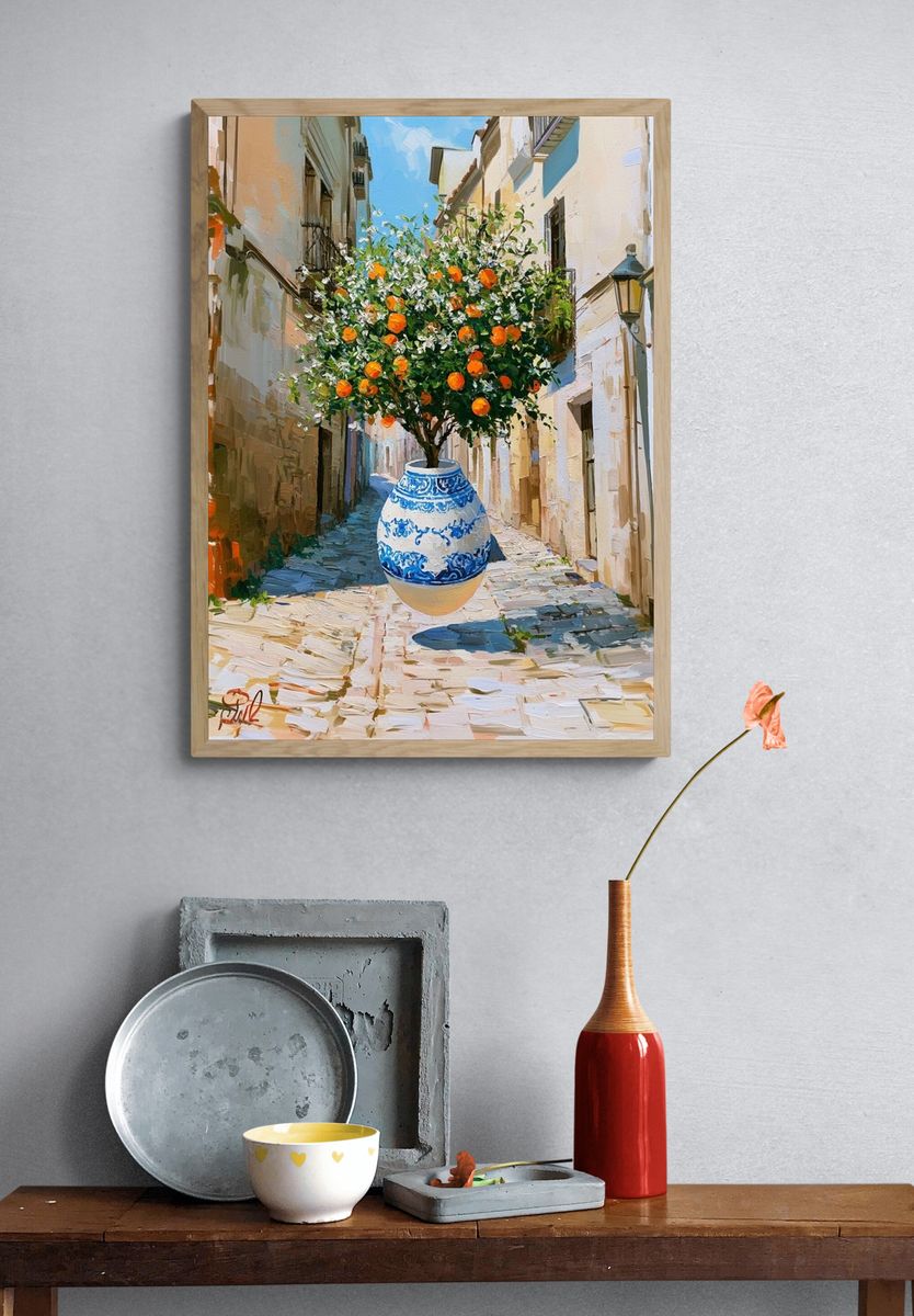 Mediterranean Orange Tree Alley Print. — room view 3