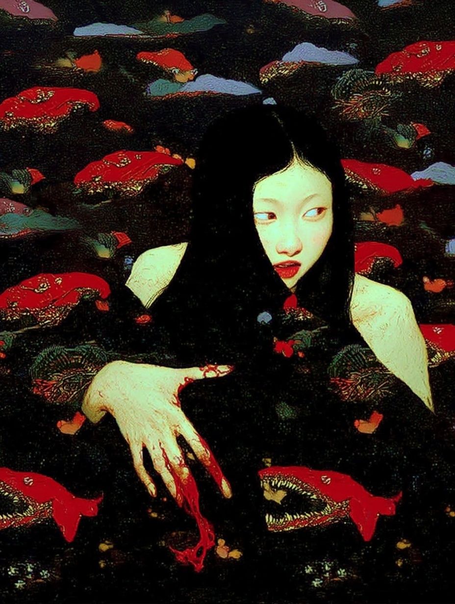 Surreal Girl and Koi Print. poster — fine-art art